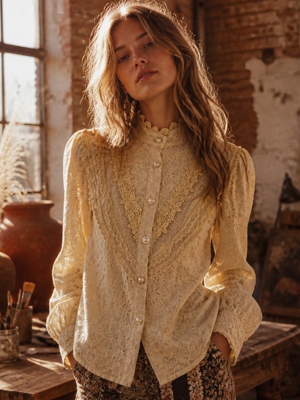 Delicate Lace Button-Front Cardigan in Cream